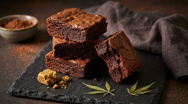 Stapel smeuïge chocolade-hasjbrownies op een leistenen plank met een stukje hasj ernaast