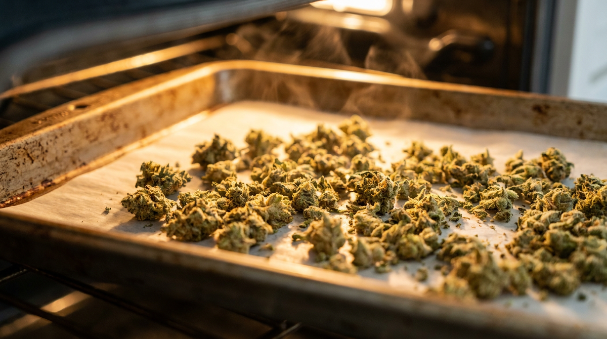 Cannabis in kleine stukjes gebroken op een met bakpapier beklede bakplaat in een warme oven