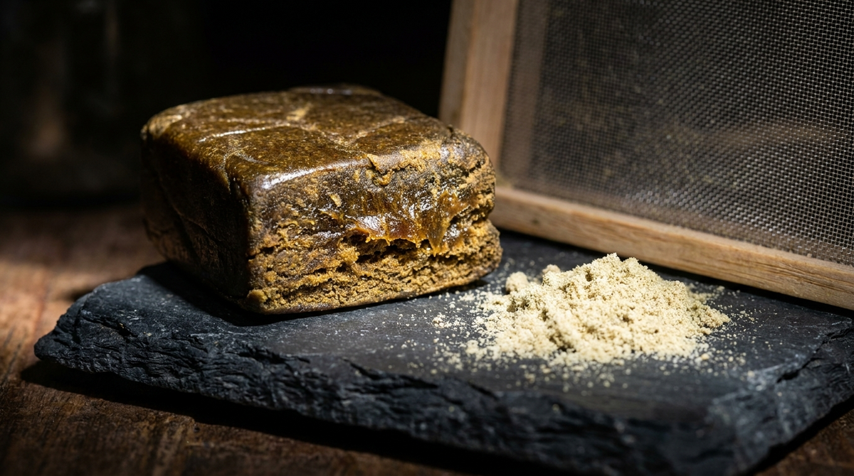 Blok geperste hasj naast losse lichte Kief en een fijne zeef op een donker leisteenoppervlak