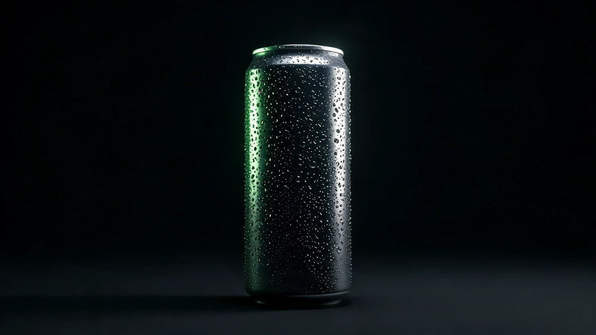 Koud blikje drinken met condensdruppels op een donkere achtergrond