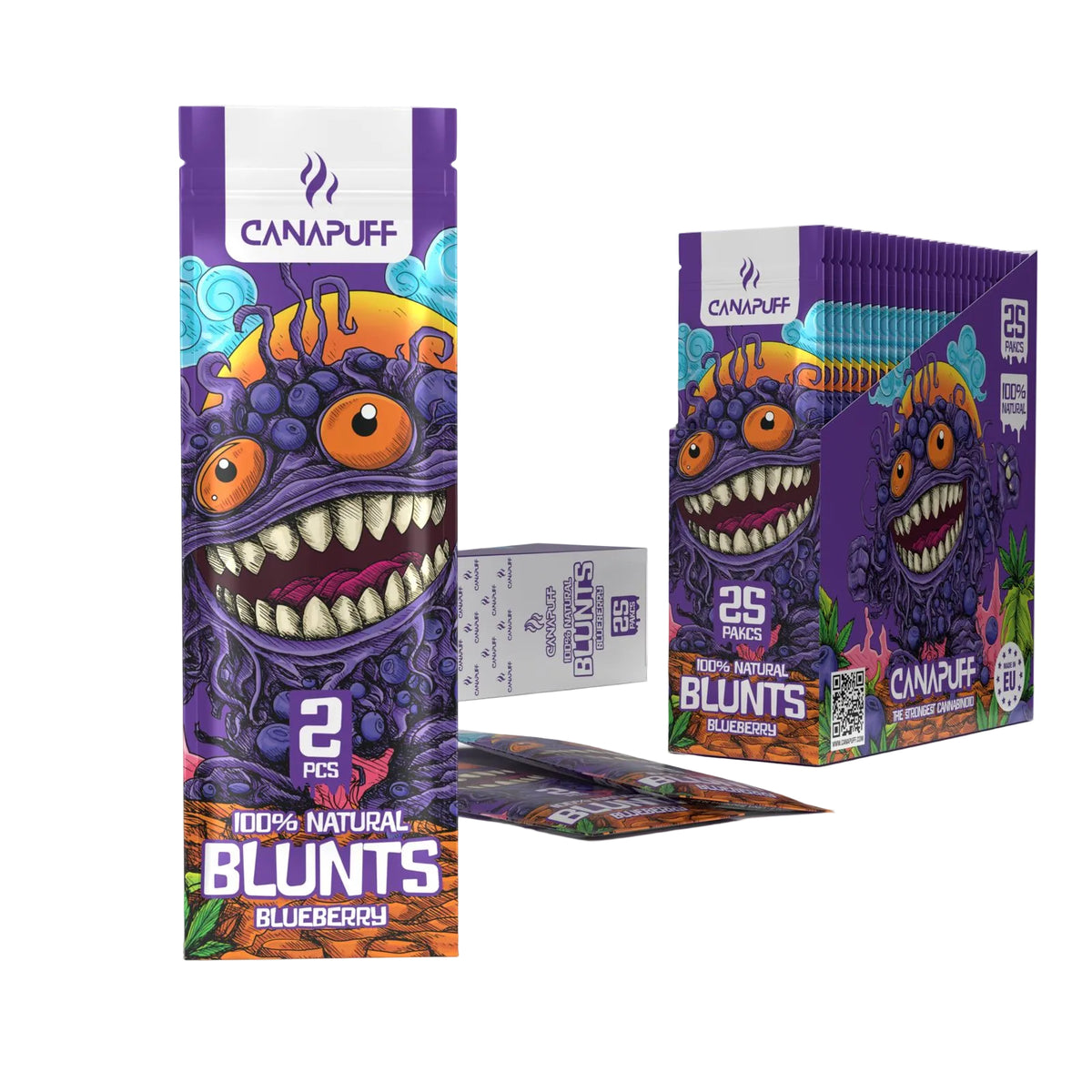 Canapuff Blunt Wrap Rolls Blueberry, verpakking met 2 stuks en displaydoos
