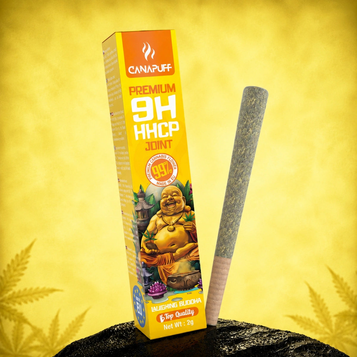 Canapuff 9H-HHCP Joint Laughing Buddha 99% 2g in gele verpakking met joint in beeld