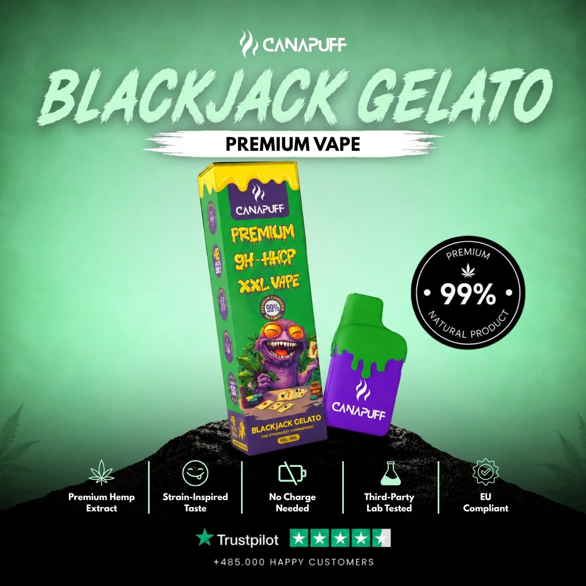 9H-HHCP XXL Vape Blackjack Gelato 99% 2ml – wegwerp-vape-pen, foto 2