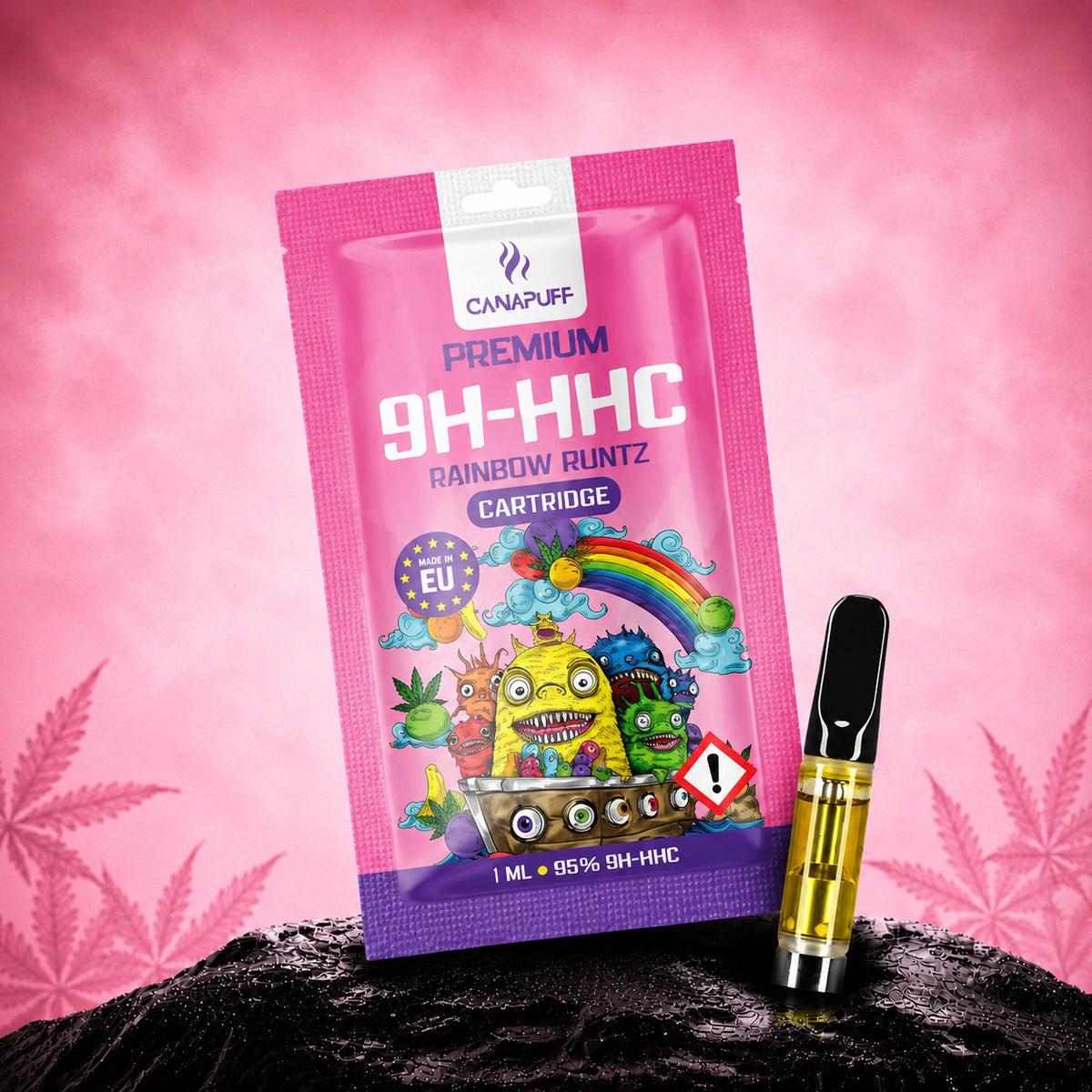 Canapuff 9H-HHC cartridge Rainbow Runtz 95%, 1 ml met roze verpakking en zwarte tip