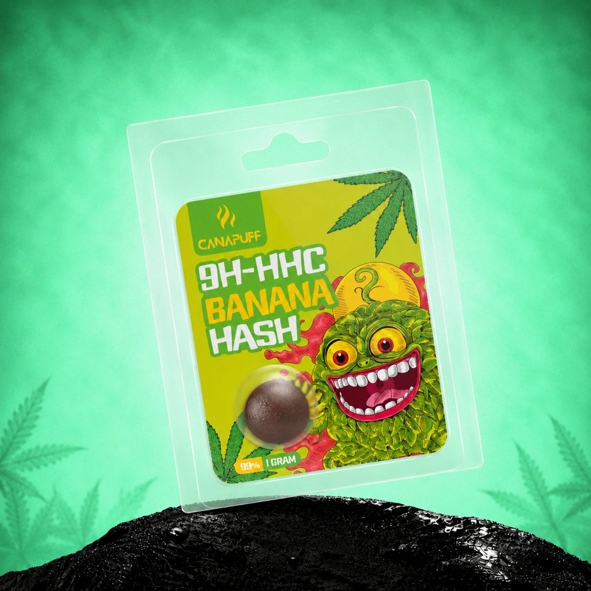 Canapuff 9H-HHC Hash Banana 99%, 1 gram in transparante blisterverpakking met groen bladontwerp