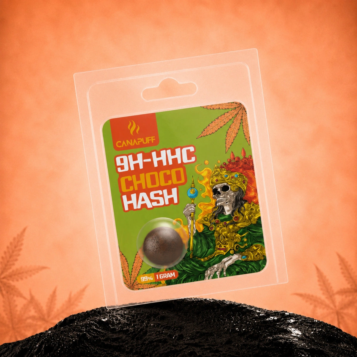 Canapuff 9H-HHC Hash Choco 99% 1 gram in transparante blisterverpakking met groen label en schedelillustratie