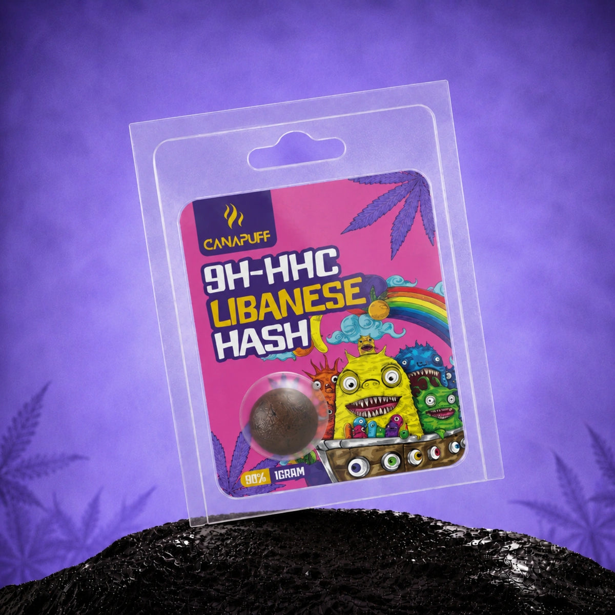 Canapuff 9H-HHC Lebanese Hash 99%, blisterverpakking van 1 gram op paarse achtergrond