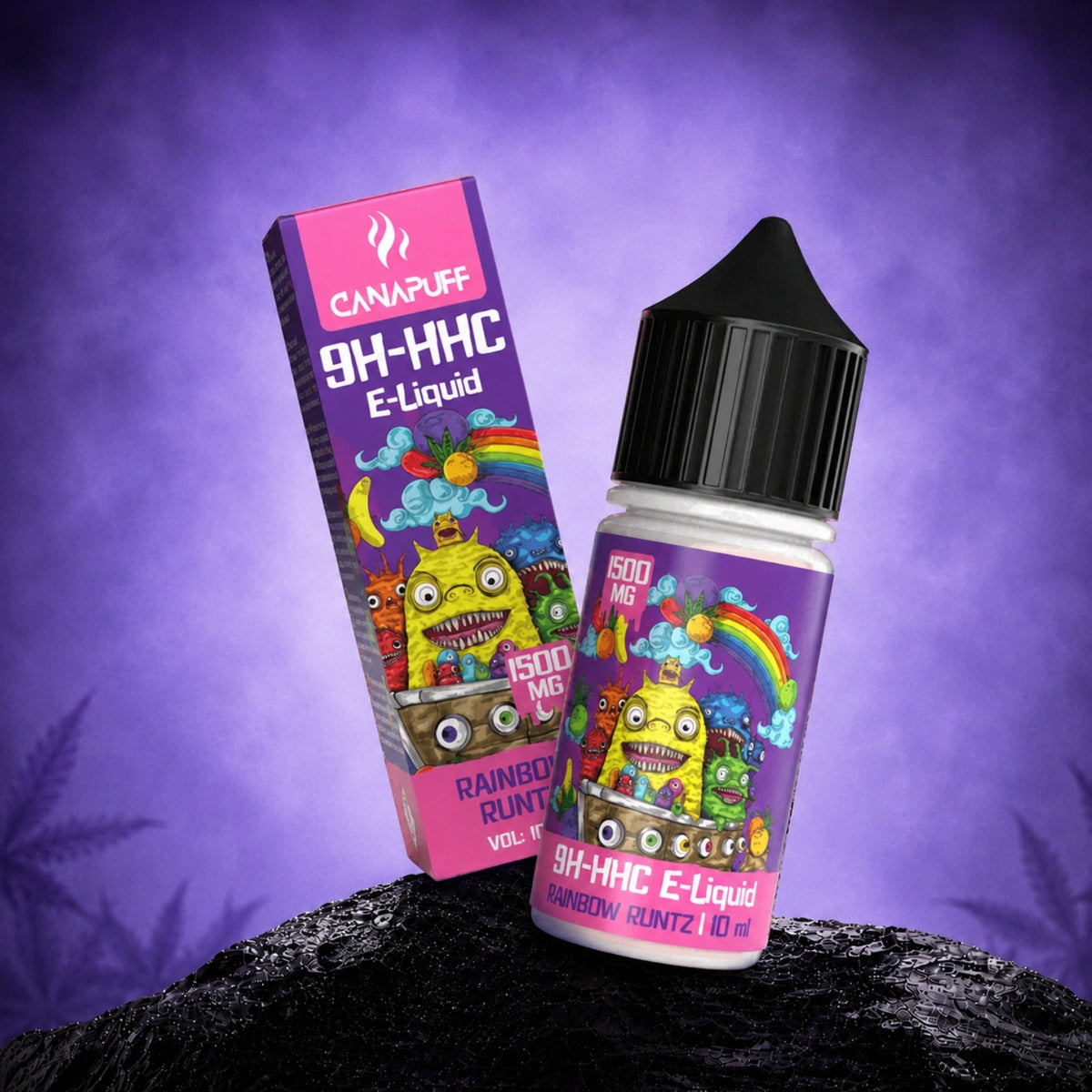 Canapuff 9H-HHC E-Liquid Rainbow Runtz 1500mg in 10ml flesje met doosverpakking tegen paarse achtergrond