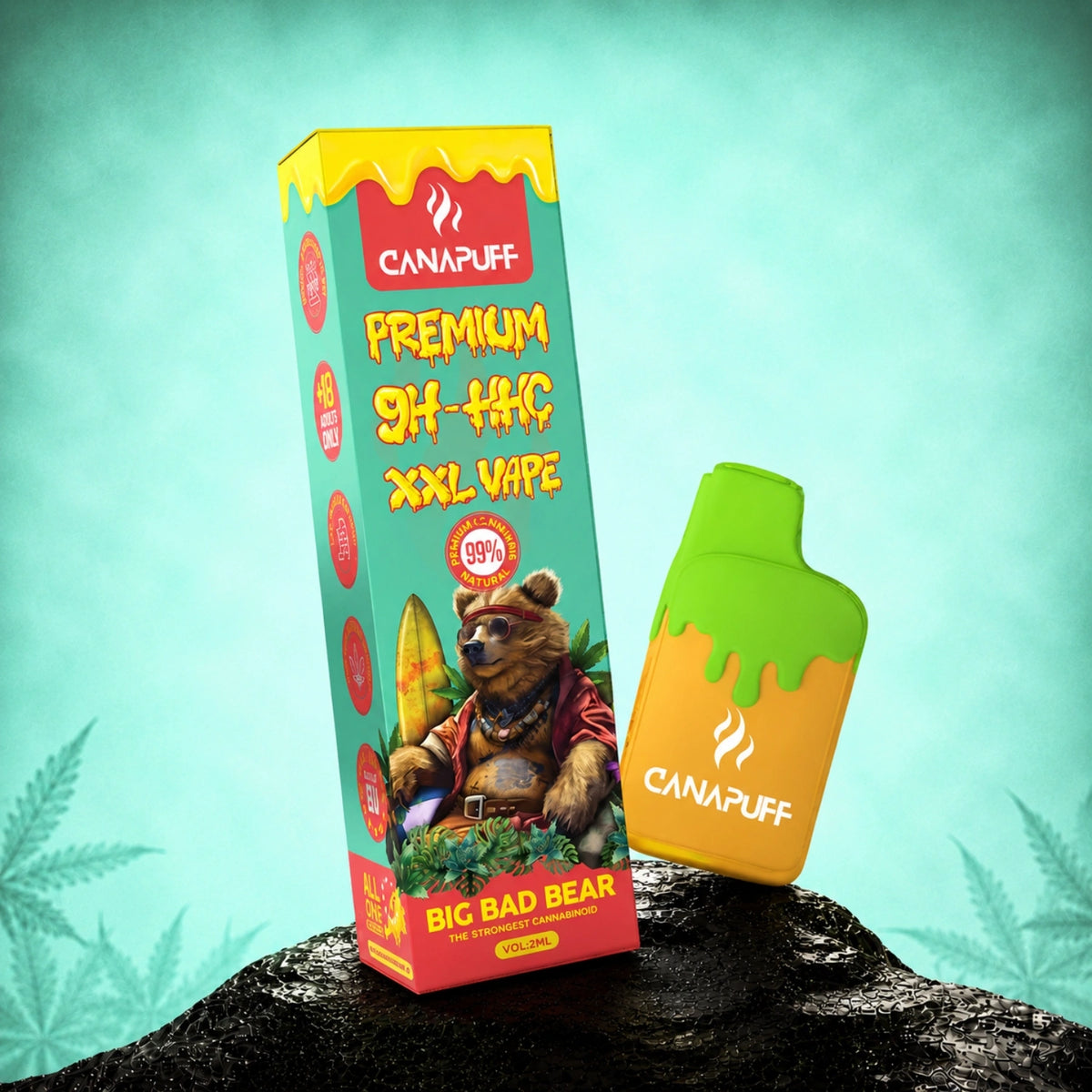 Canapuff 9H-HHC XXL Vape Big Bad Bear 99% 2ml wegwerppen met gele en groene verpakking