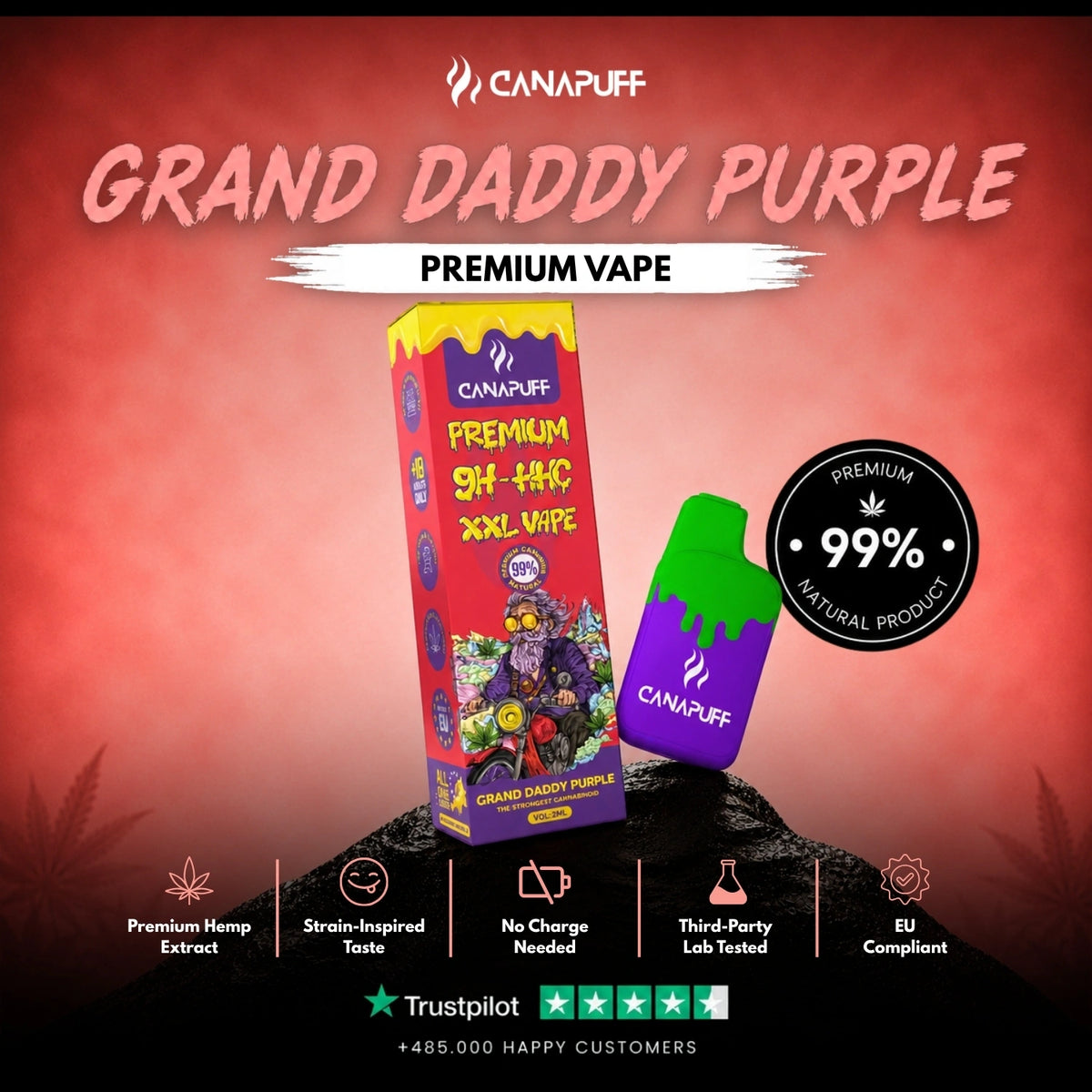 9H-HHC XXL Vape Grand Daddy Purple 99% 2ml – wegwerp-vape-pen, foto 2