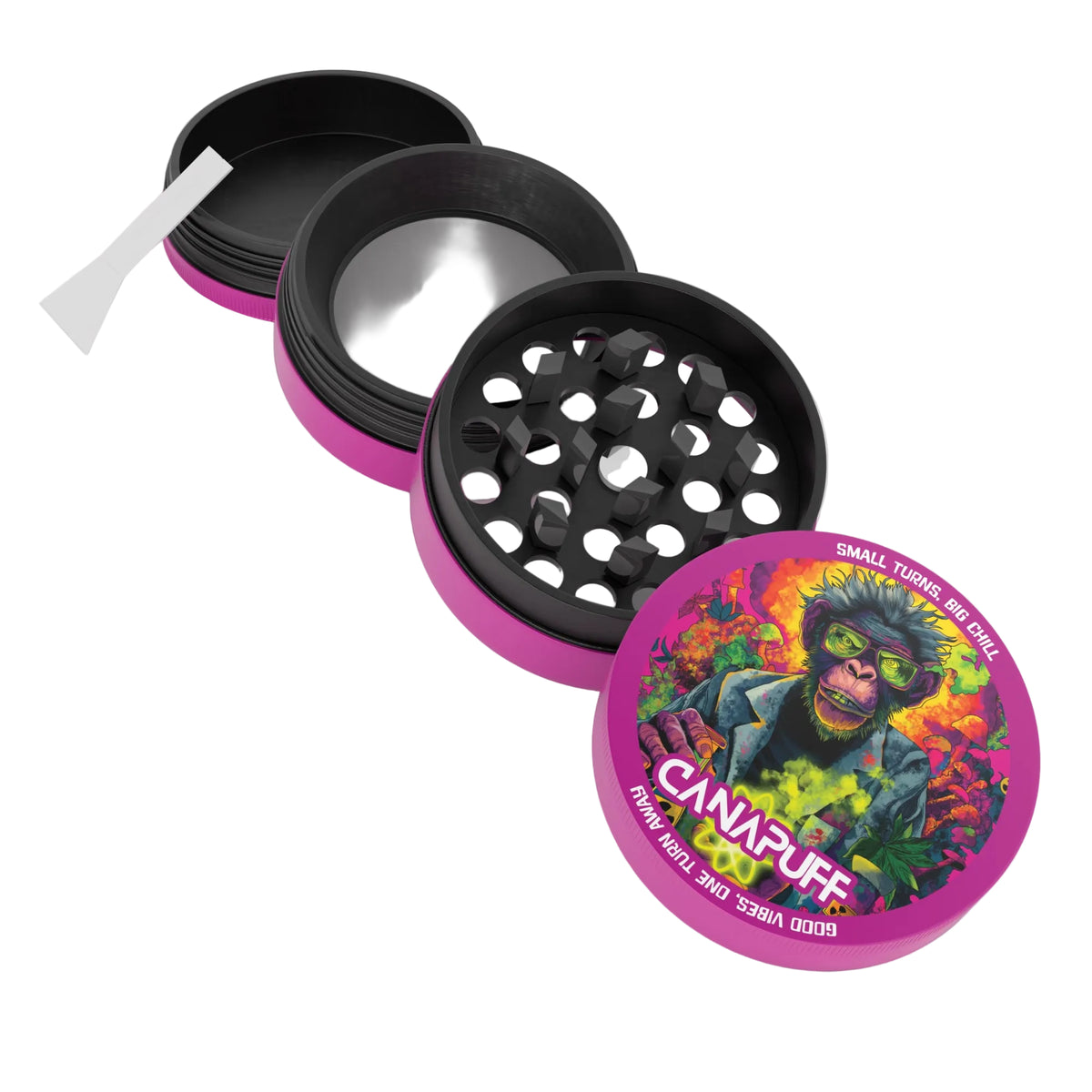 Canapuff metalen grinder Atomic Monkey, klein, roze en zwart