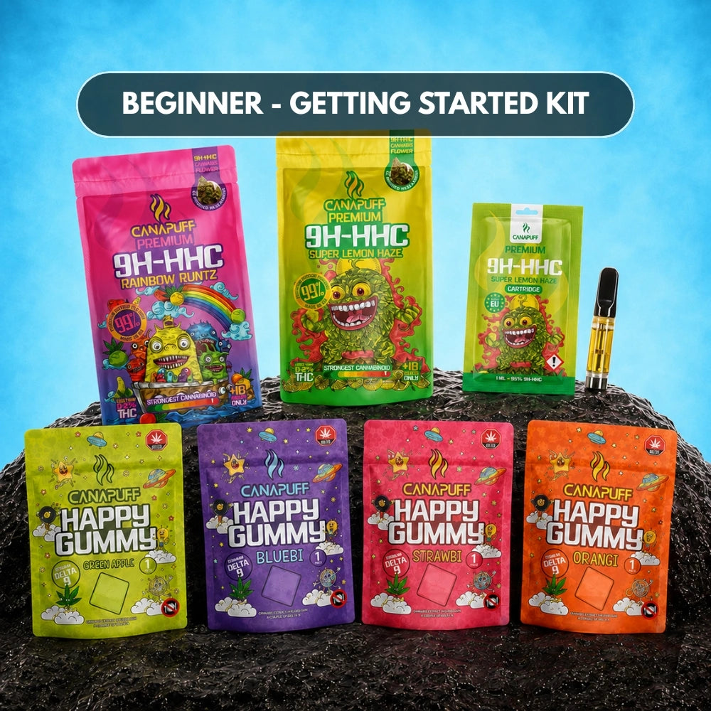 Canapuff Beginner Getting Started Kit met gummies, hard candy en vape-cartridge