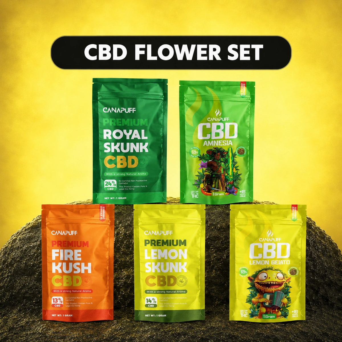 Canapuff CBD Bloem Set met vijf zakjes: Royal Skunk, Fire Kush, Lemon Skunk, Amnesia en Lemon Gelato