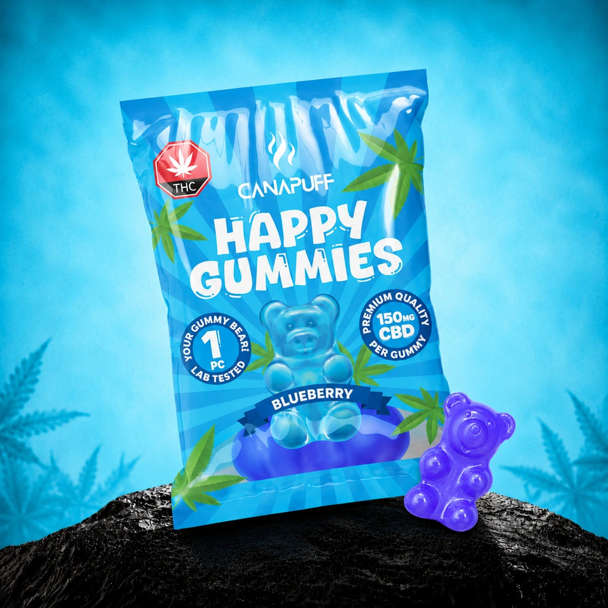 Canapuff CBD Gummies Blueberry, 150mg CBD per gummy, zakje met zure gummybeer
