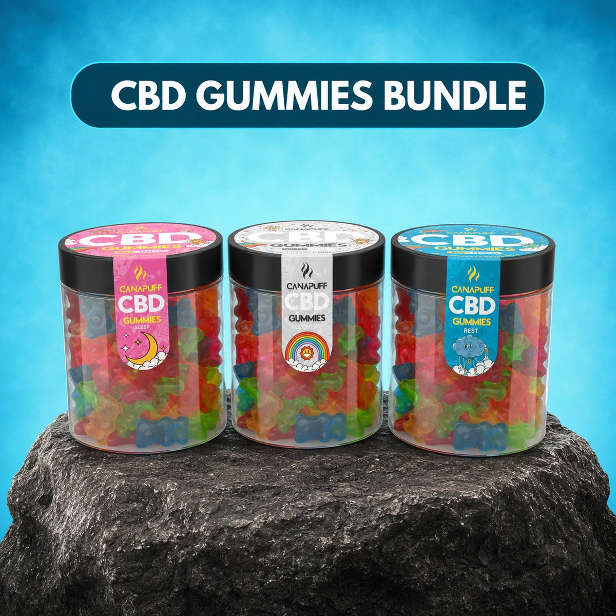 Canapuff CBD Gummies Bundle, 3 potten met gemengde smaken en formules