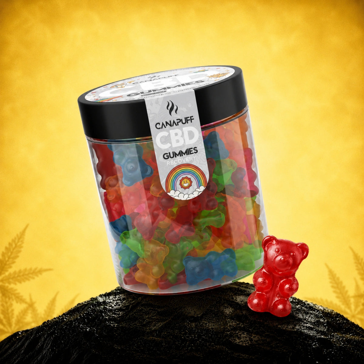 Canapuff CBD Gummies Recovery, kleurrijke gummies in berenvorm in transparante pot met zwarte deksel