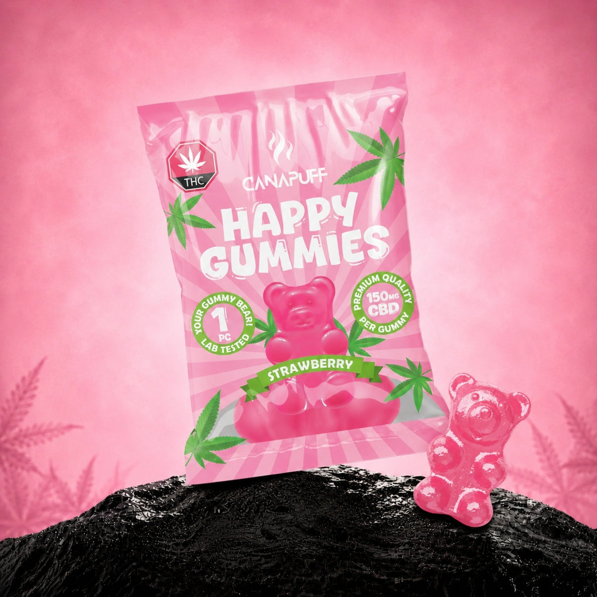 Canapuff CBD Gummies Strawberry, 150 mg CBD, verpakking met 1 stuk