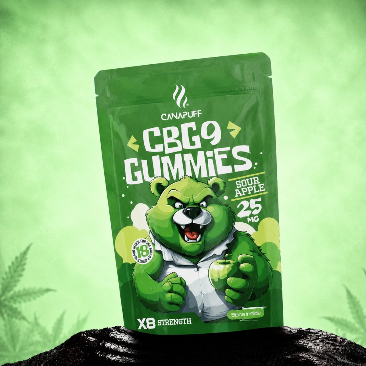 Canapuff CBG9 Gummies Sour Apple 25 mg, 5 stuks per zakje