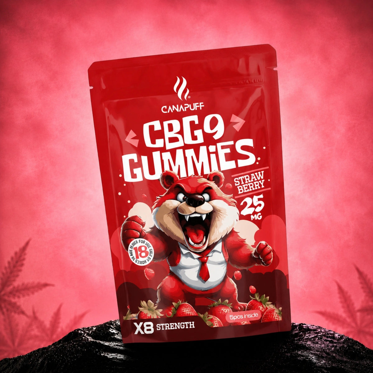 Canapuff CBG9 Gummies Strawberry 25 mg, 5 stuks, X8 sterkte