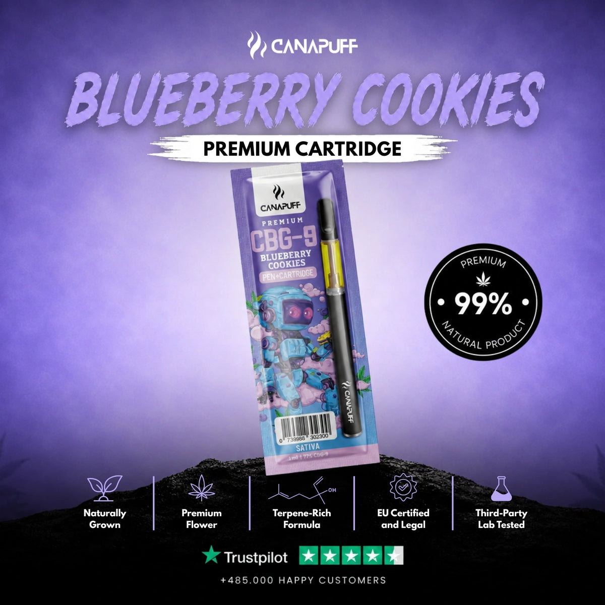 CBG9 Pen+Cartridge Blueberry Cookies 79% – vape pen met cartridge, foto 2