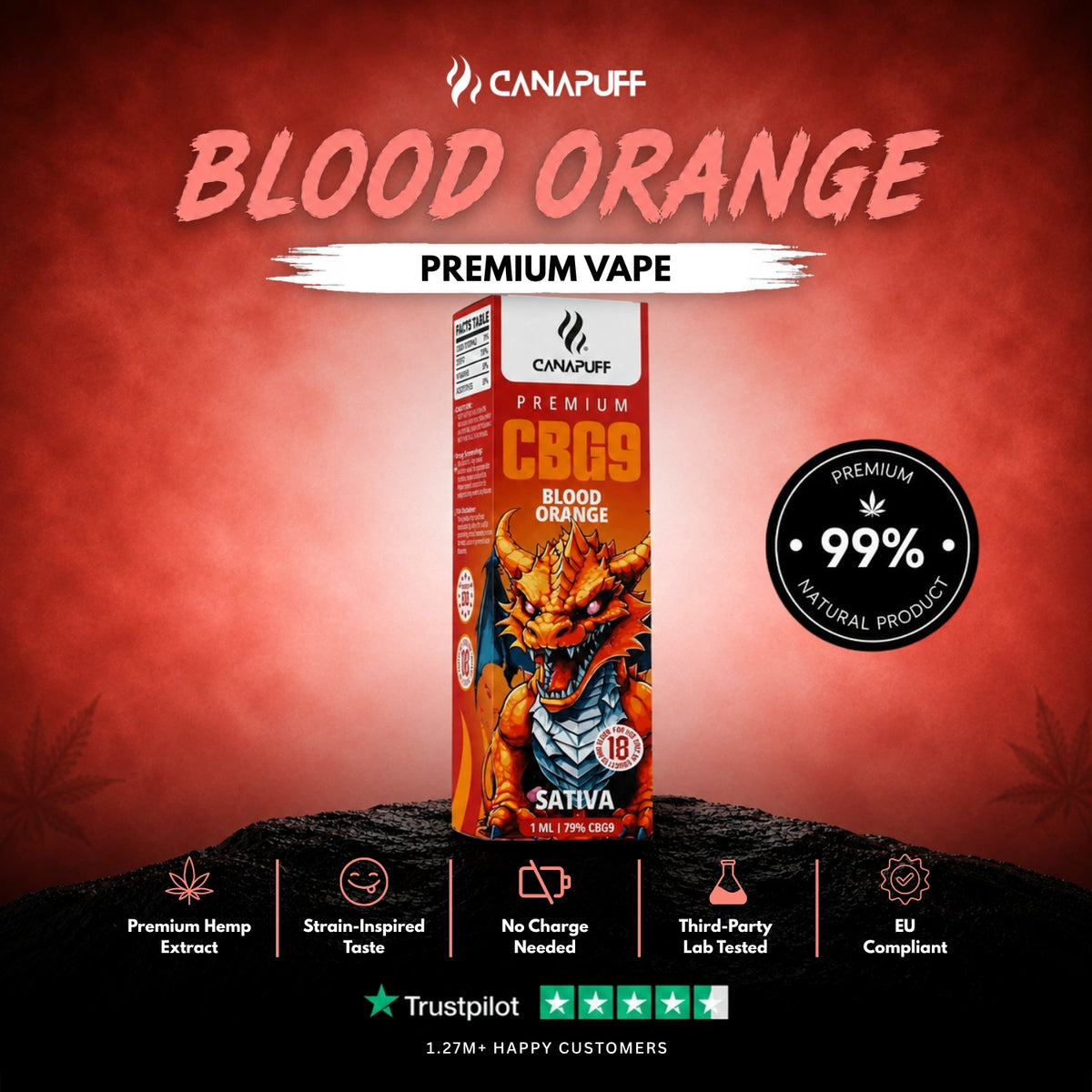 CBG9 Vape Blood Orange 79% 1ml – wegwerp-vape-pen, foto 2