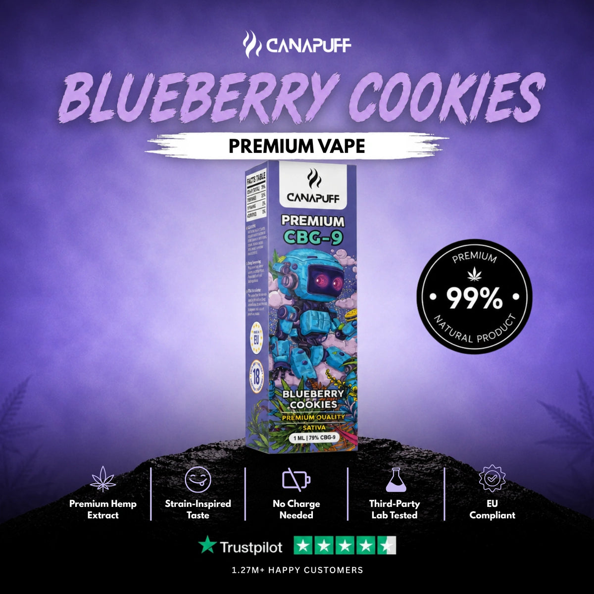 CBG9 Vape Blueberry Cookie 79% 1ml – wegwerp-vape-pen, foto 2