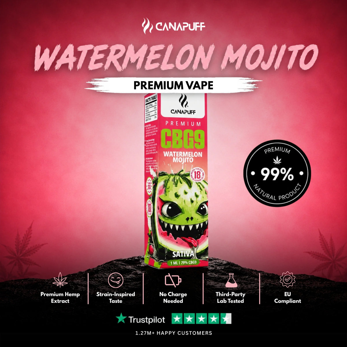 CBG9 Vape Watermelon Mojito 79% 1ml – wegwerp-vape-pen, foto 2