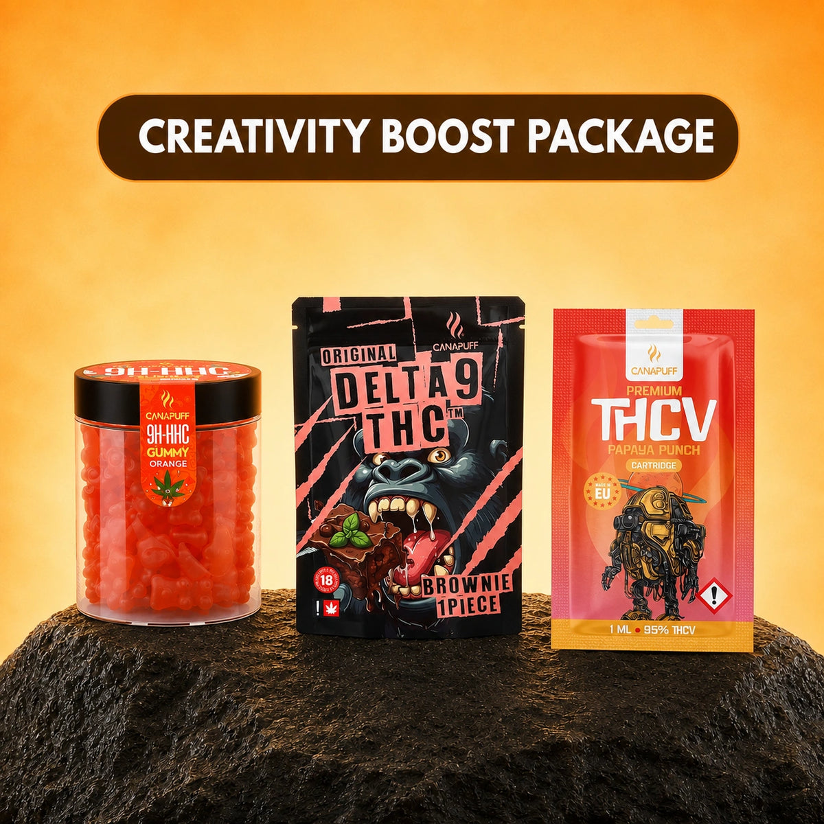 Canapuff Creativity Boost Package Bundle met gummy, brownie en cartridge