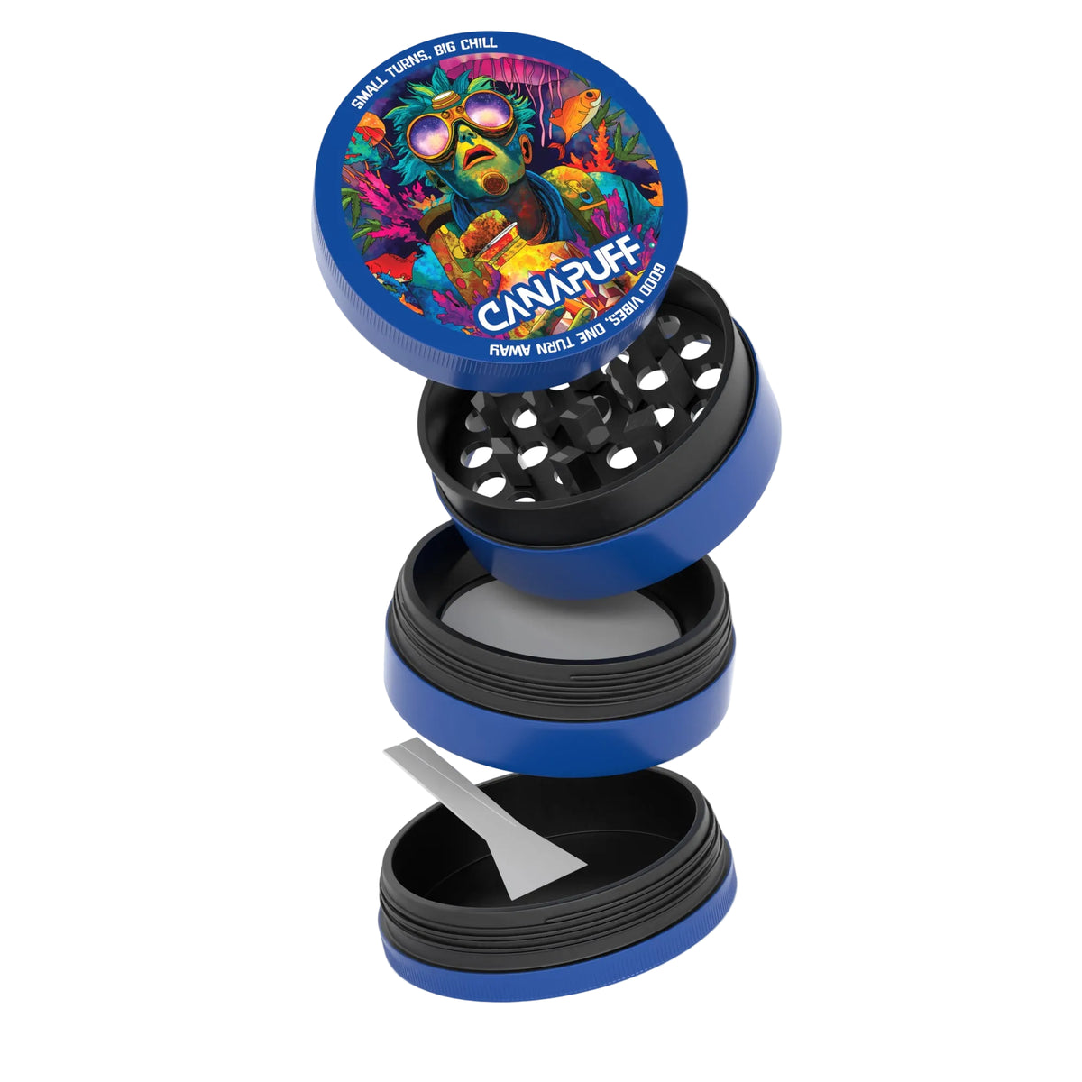 Canapuff Metal Grinder Deep, vierdelig ontwerp in blauw en zwart met opbergkamer