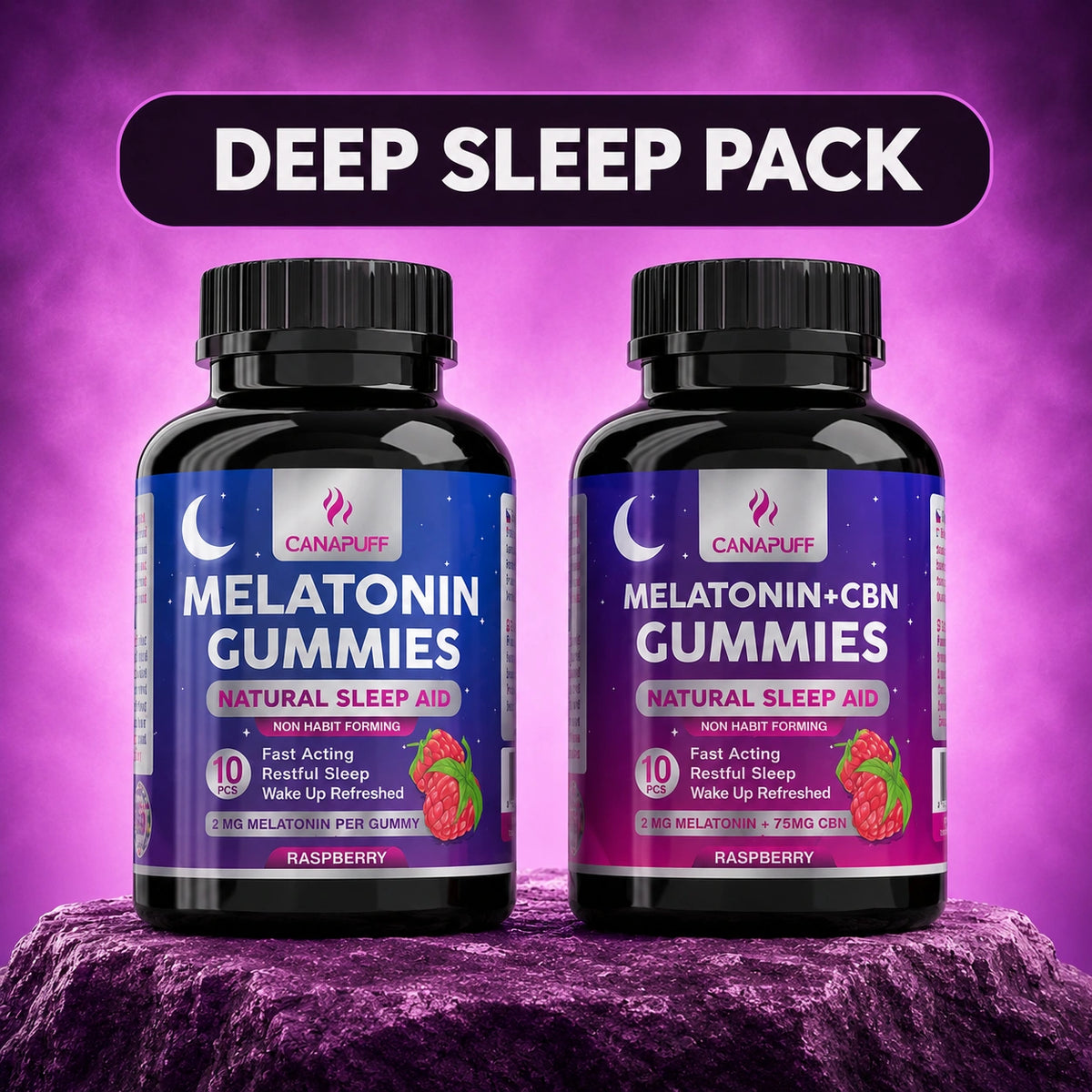 Canapuff Deep Sleep Pack met Melatonin- en Melatonin+CBN-gummies, frambozensmaak, elk 10 stuks