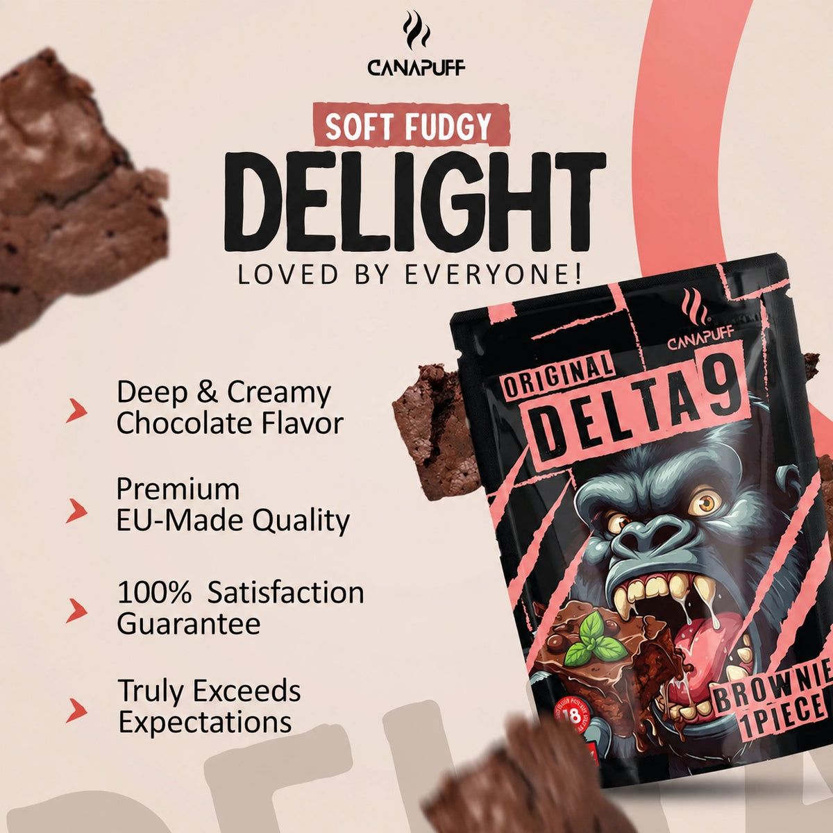 Canapuff Delta 9 Brownies, chocolade-brownie edible met Delta-9 THC uit hennep