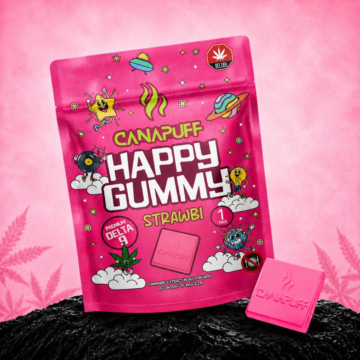 Canapuff Happy Gummy Strawbi, Delta-9 THC gummy uit hennep, 1 stuk
