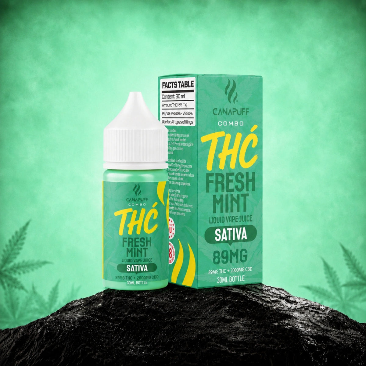 Canapuff Combo Fresh Mint vape liquid, 89mg Delta-9 THC, 2000mg CBD, 30ml flesje