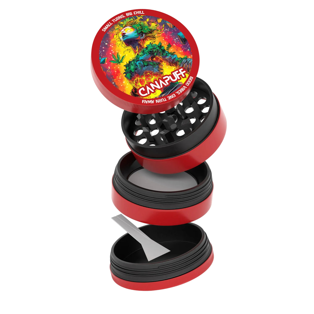 Canapuff Metal Grinder Euforic, rood-zwarte kruidenmolen met meerdere kamers