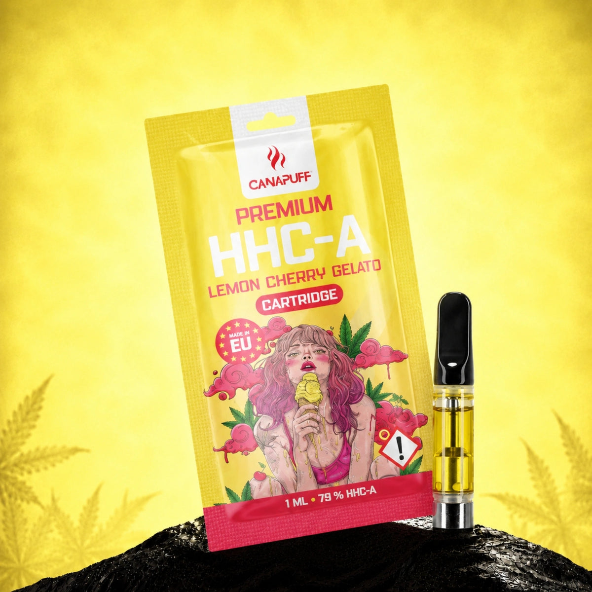 Canapuff HHC-A Lemon Cherry Gelato cartridge, 1 ml, 79% met verpakking en vape pen
