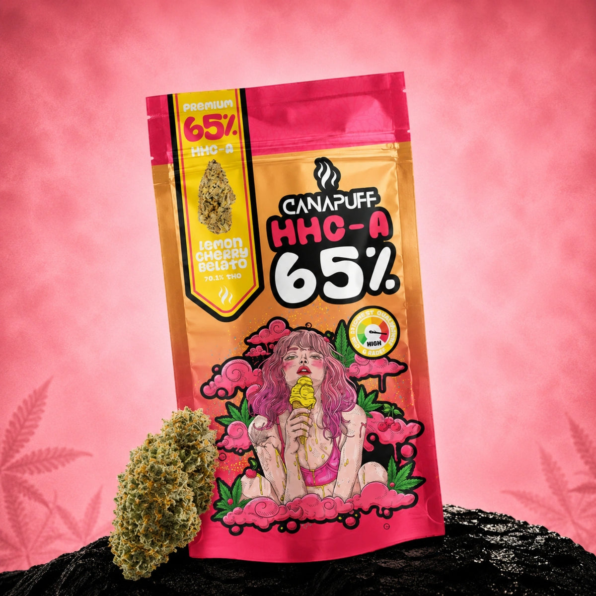 Canapuff HHC-A Bloemen Lemon Cherry Gelato 65% zakje met cannabistoppen