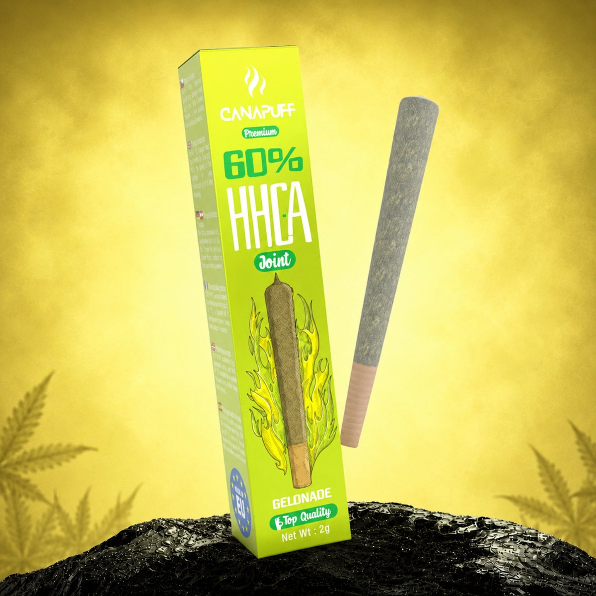 Canapuff HHC-A Joint Gelonade 60% 2g met verpakking en joint in beeld