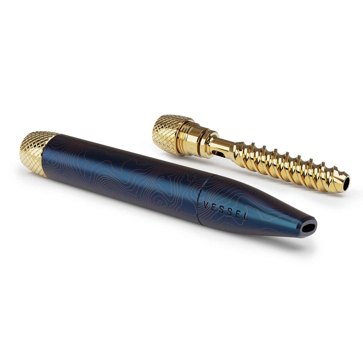 Vessel Pen samengesteld met een blauwe body en gouden accenten