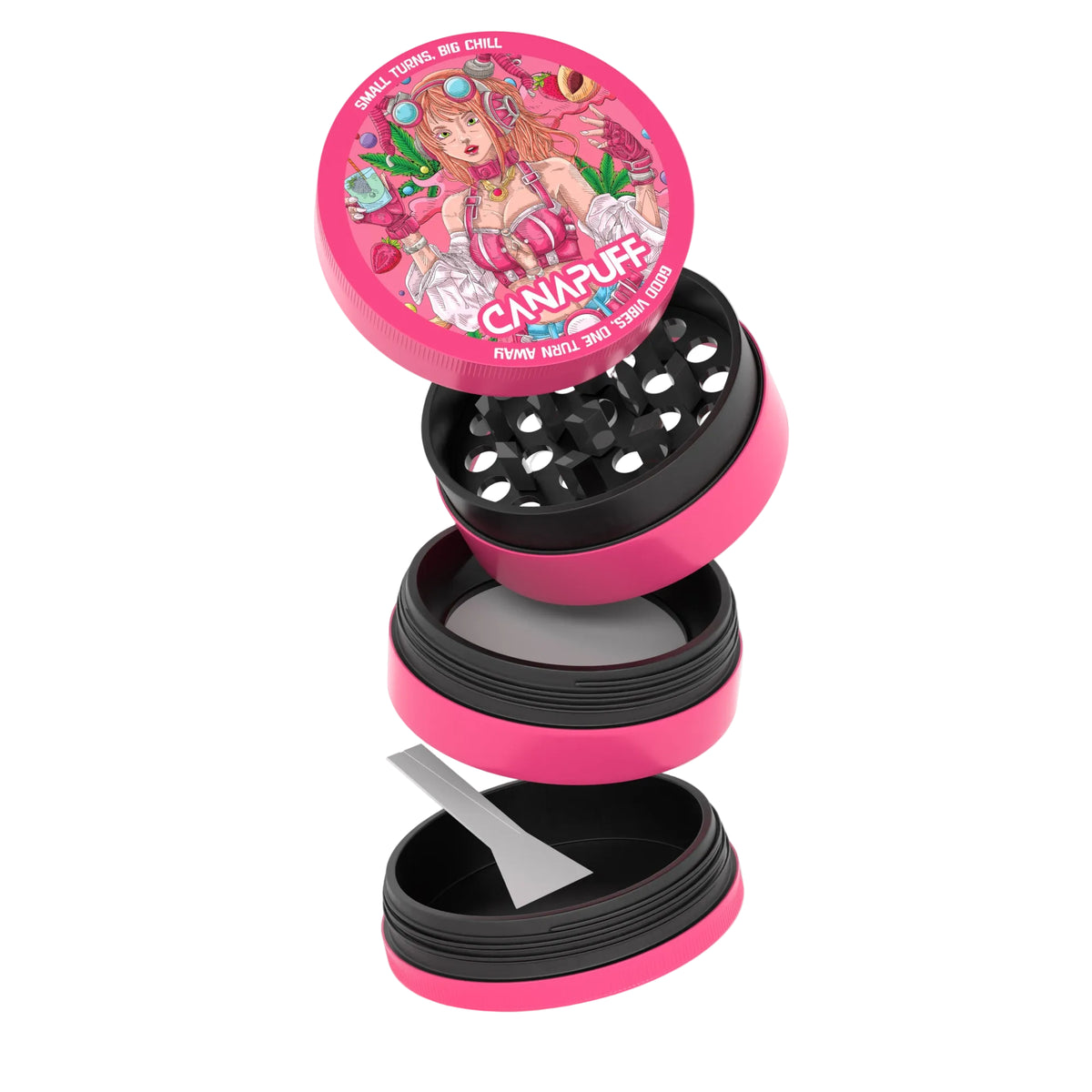 Canapuff metalen grinder Lychee Dream, 4-delig ontwerp in roze en zwart met Kief-opvangbak