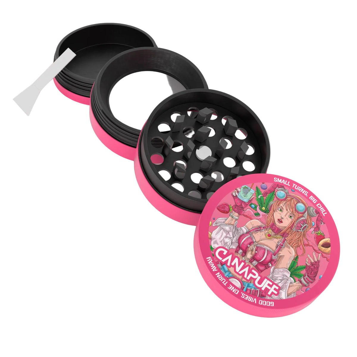 Canapuff Metal Grinder Lychee Dream met roze-zwart ontwerp