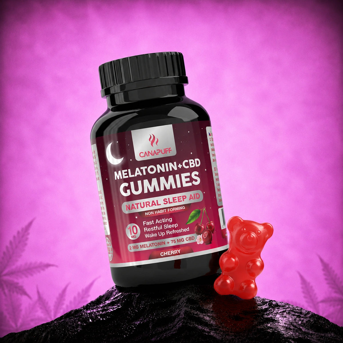 Canapuff Melatonin+CBD Gummies Cherry, 2 mg melatonine plus 75 mg CBD, flesje met 10 stuks