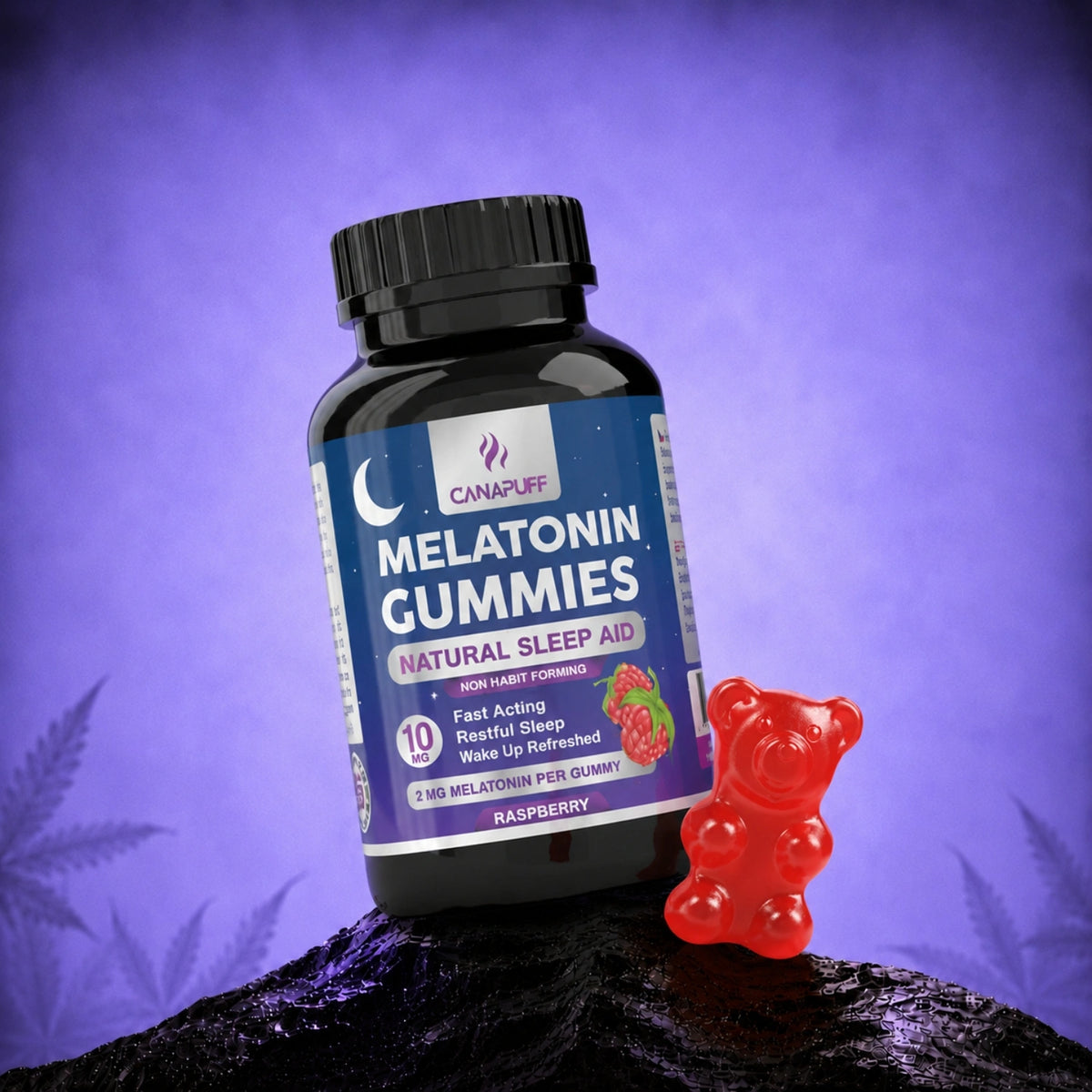 Canapuff Melatonin Gummies Raspberry, 10 mg flesje met gummy in beeld