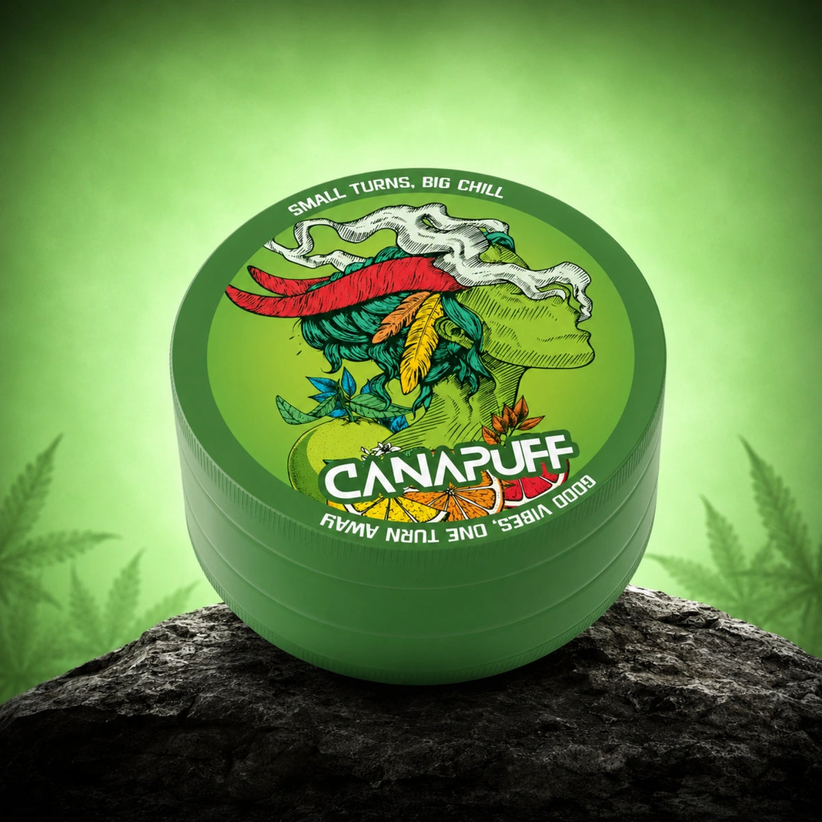 Canapuff Metal Grinder Green Crack kruidenmolen met kleurrijk mascotteontwerp