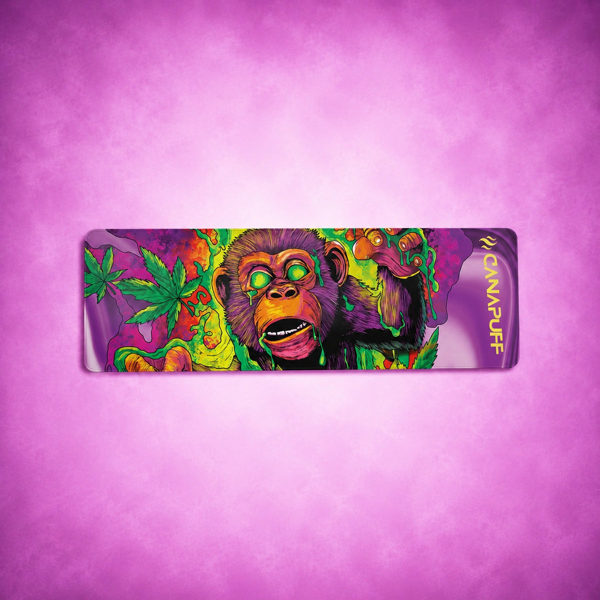Canapuff Mouse Pad Monkey Glue met kleurrijke aap-illustratie en hennepbladontwerp