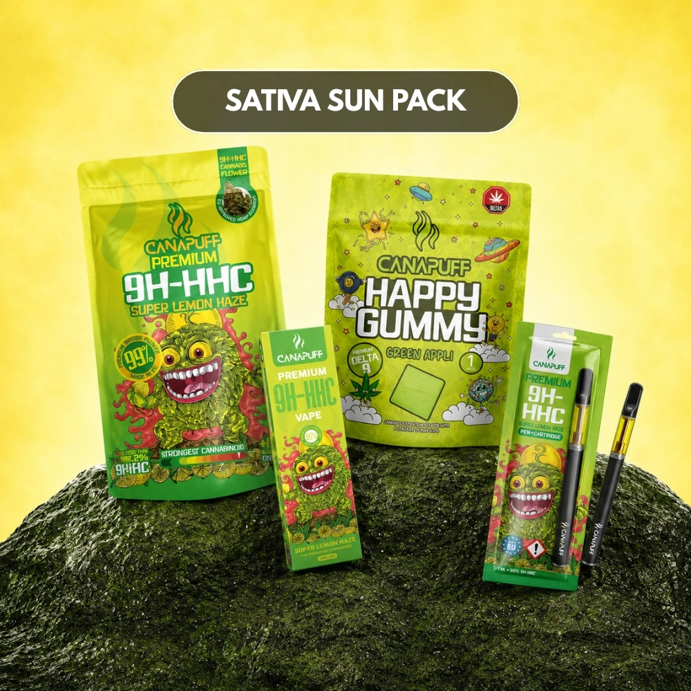 Canapuff Sativa Sun Pack Bundle met bloemen, gummies, vape liquid en pen-cartridge