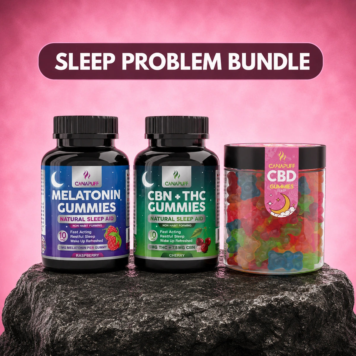 Canapuff Sleep Problem Bundle met Melatonin-gummies, CBN plus THC-gummies en CBD gummies