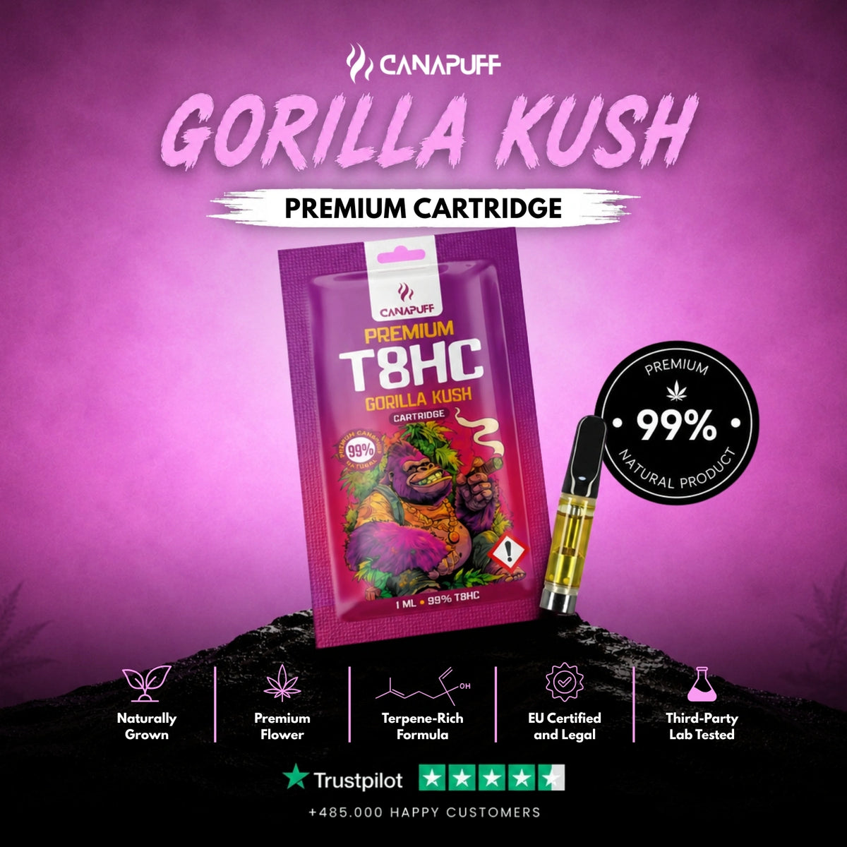 T8HC Cartridge Gorilla Kush 99% – vape-cartridge, foto 2