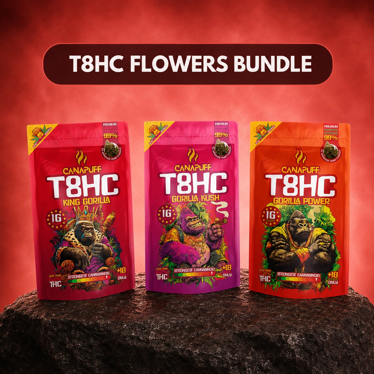 Canapuff T8HC Bloemen Bundle met de varianten King Gorilla, Gorilla Kush en Gorilla Power, 3 zakjes