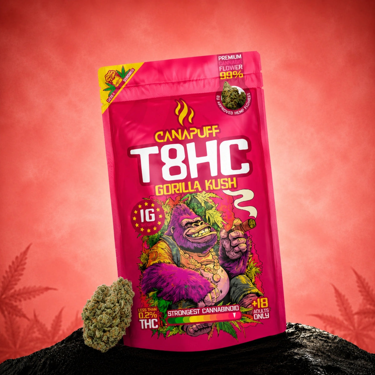 Canapuff T8HC Gorilla Kush bloemen 99%, zakje van 18g
