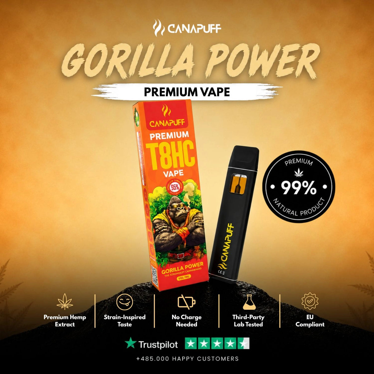 T8HC Vape Gorilla Power 95% 1ml – wegwerp-vape-pen, foto 2